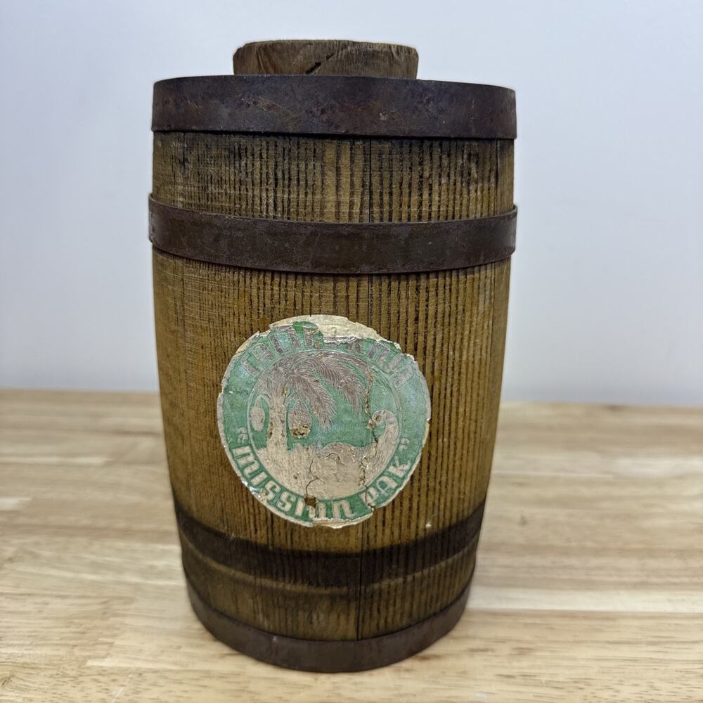 Small Mini Vintage California Mission Oak Wood Barrel Keg w/ Original Cork 8”
